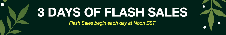 3 DAYS OF FLASH SALES. Flash Sales begin each day at Noon EST.